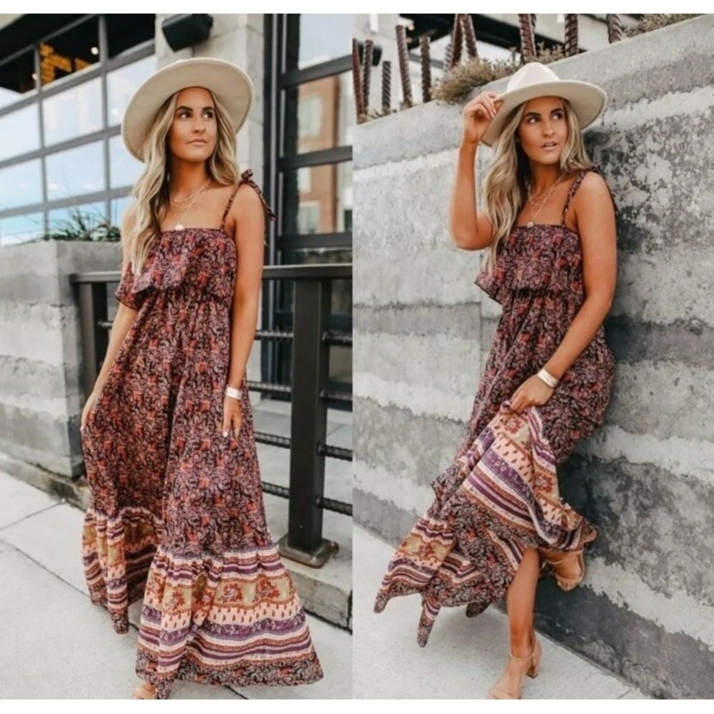 Free People Tangier Maxi Dress XS Dark Floral Paisley Tie Strap